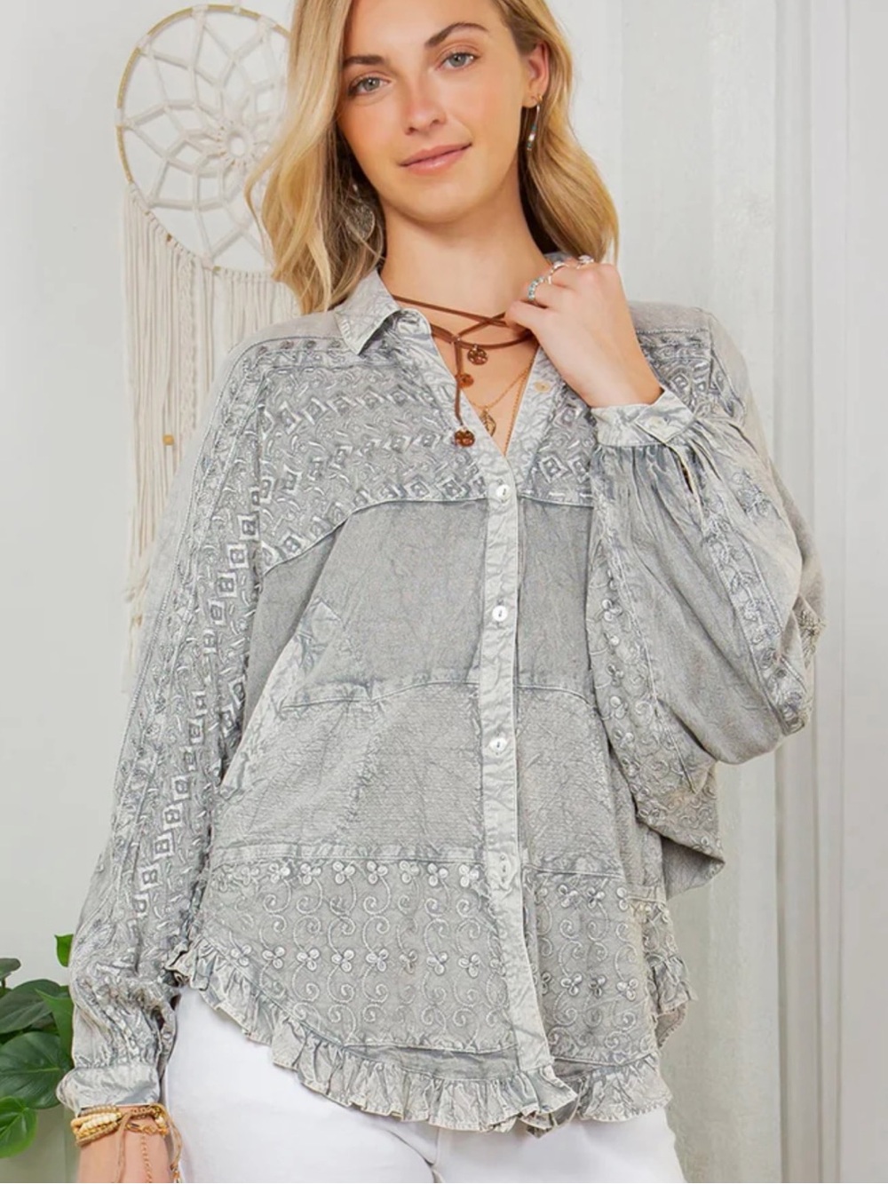 Elegant Gray Embroidered Button Down Shirt - Picture 2 of 13